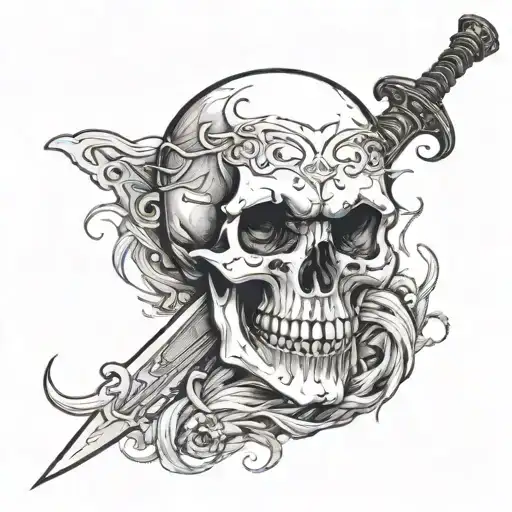 Skull With Opened Mouth Sticking Long Sword And Surrounded By Wains