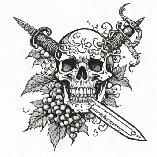 Skull With Opened Mouth Sticking Long Sword And Surrounded By Grapevines