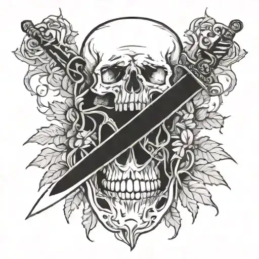 Skull With Opened Mouth Sticking Long Sword And Surrounded By Vines