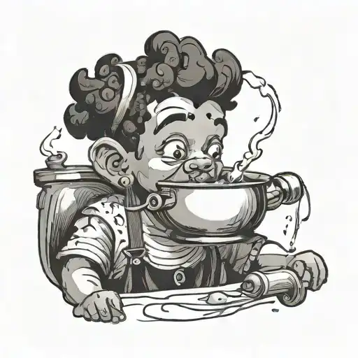 A Whimsical Caricature Of A Black Boy Listening To A Boiling Pot Of Water With Broken Ears