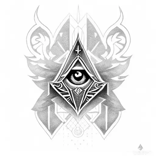 A Blackwork Tattoo Of The Assassin's Creed Insignia Combined With The Evil Eye Symbol