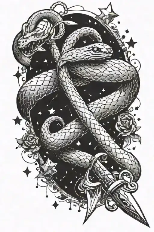 Snake Wrapped Around Sword Surrounded By Stars