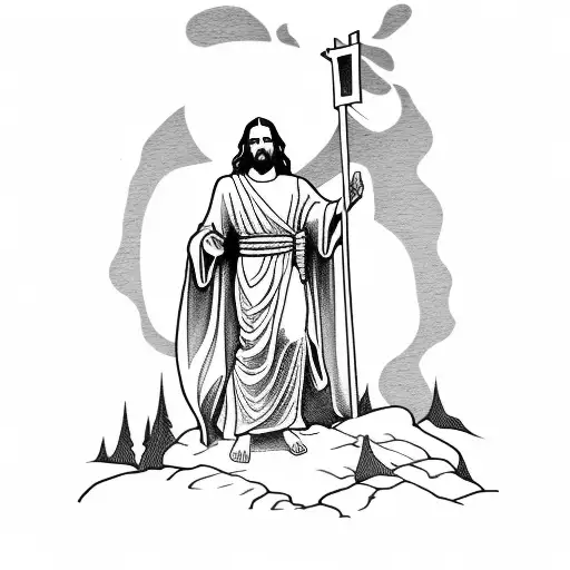 Jesus Crossing On The Mountain Golgath With Father Death Praying On His Knees