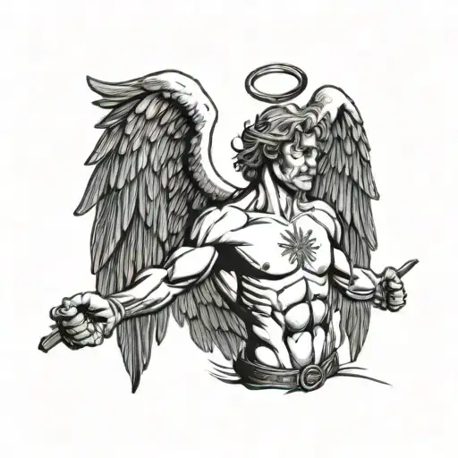 Angel Wings Strong Man Bring To Sky With Weapon With Cross