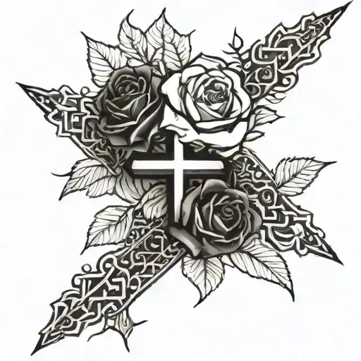 A Thin Black And White Cross With Roses And Thorns Wrapped