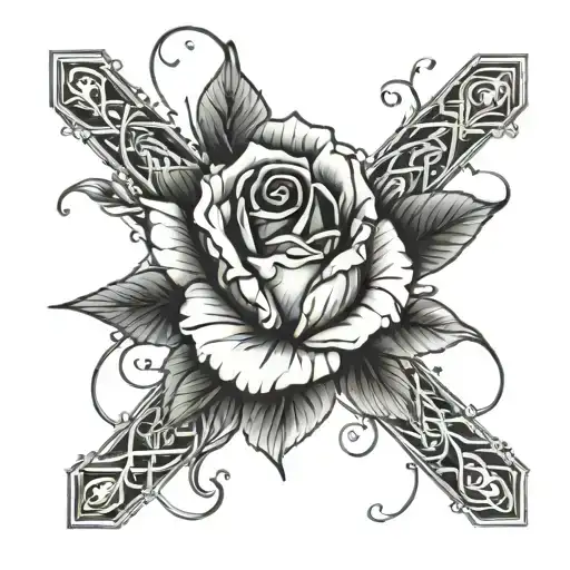 A Thin Cross With A Single Rose And Thorns Wrapped