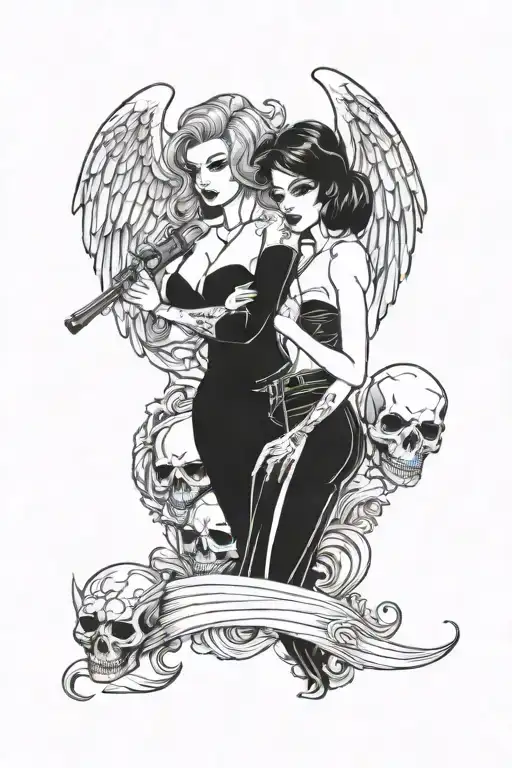 Sexy 2 Woman Gangster Girl Angel And Devil Holding Skull Tattoo