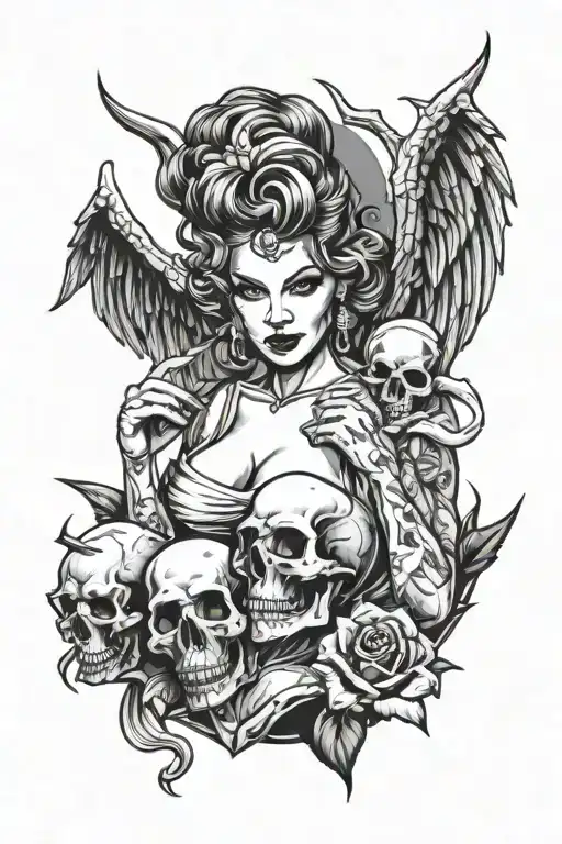 Sexy 2 Woman Pin Up Gangster Girl Angel And Devil Holding Skull In The Middle