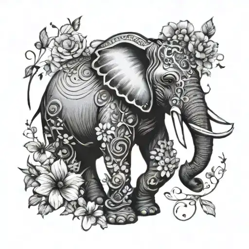 Elephant With Tusks Entangled With Flowers With Vines And Thorns And Butterflies