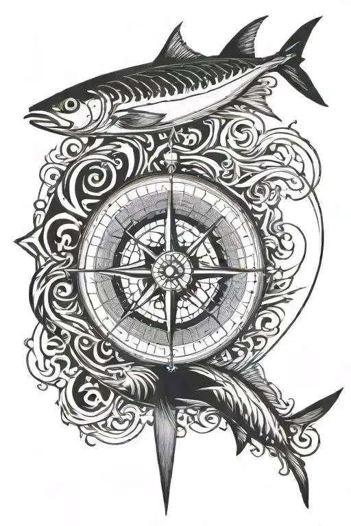 Compass Coordinates With A Tuna And Ocean Waves