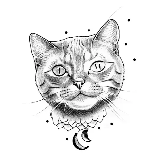 Cat With Moon And Flowers