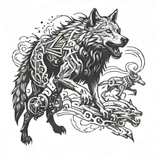 A Mystical Wolf Leading A Pack Of Mechanical Creatures Through A Hunting Ground