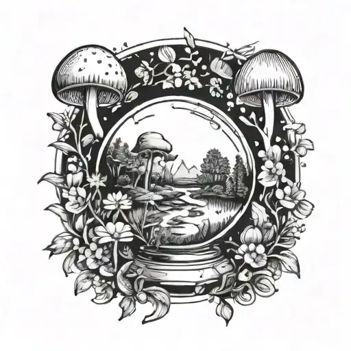 A Mystical Crystal Ball Surrounded By Wildflowers And Mushrooms