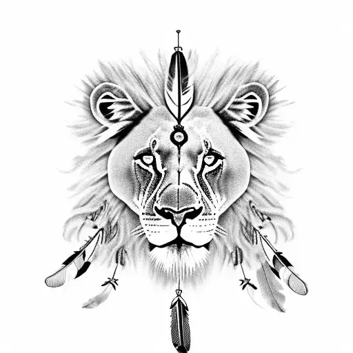 African Lion Wearing Native American Feather Combined With Beadwork