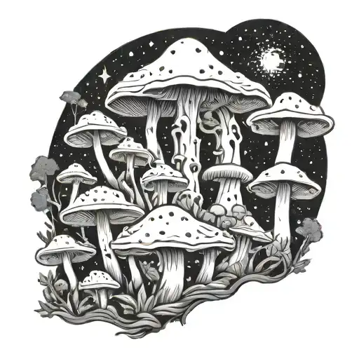 A Cosmic Mushroom Forest With Galaxies In The Background