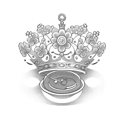Crown With Flowers Around And Pocket Watch Withthe Flowers Bending Round And Below
