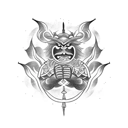 A Fierce Oni Warrior Standing In Front Of A Traditional Japanese House