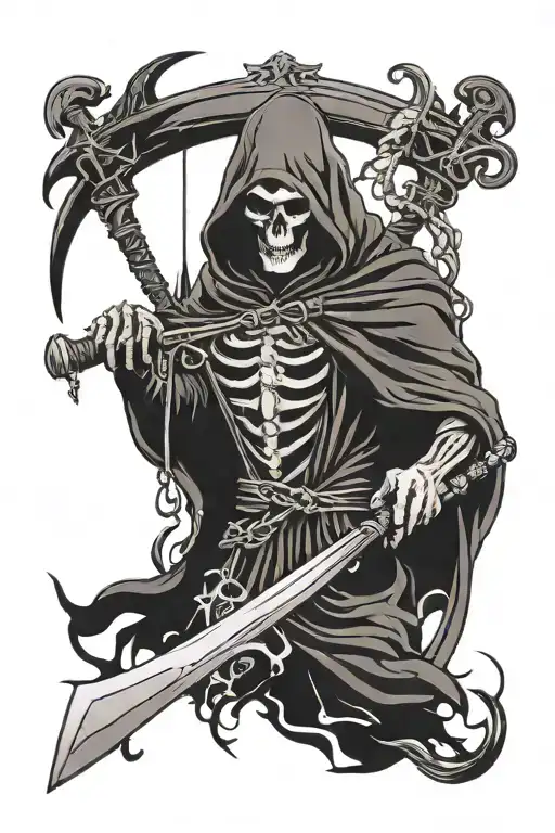 Dark Gothic Grim Reaper With Scythe Surrounded By Other Symbolism Of Death