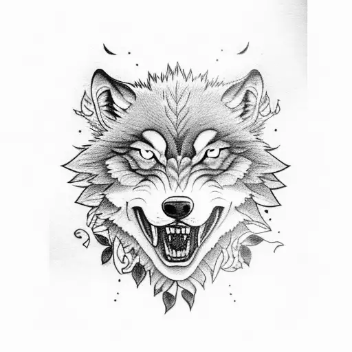 Angry Wolf Roaring With Flowers And Plants