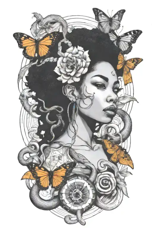 Afro Woman Surrounded By Snakes