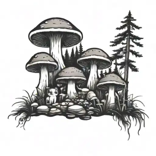 A Mushroom Forest Scene With A Hidden Cat Peeking Out