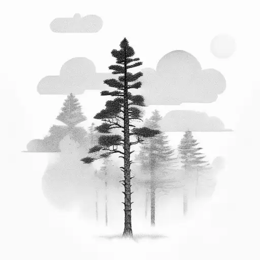 Pine Forest In Clouds With Sun Rising Above