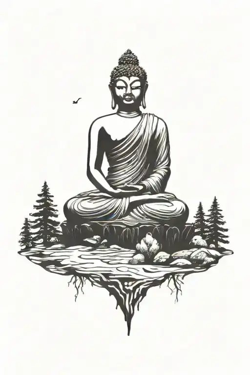 A Tranquil Forest Landscape With A Hidden Buddha Silhouette Among The Trees
