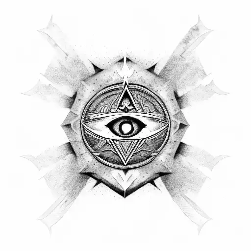 A Blackwork Tattoo Of The Assassin's Creed Insignia Combined With The Evil Eye Symbol