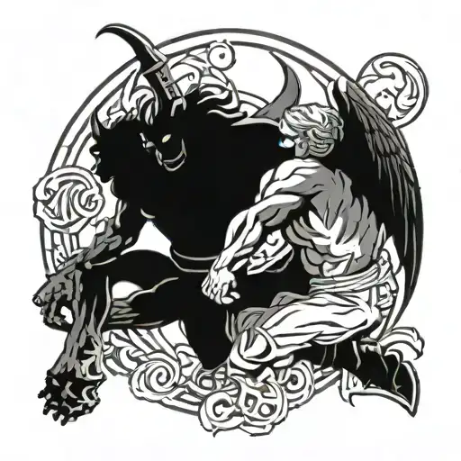 A Supernatural Themed Tattoo Of A Demon And Angel Working Out Together In A Blackwork Style