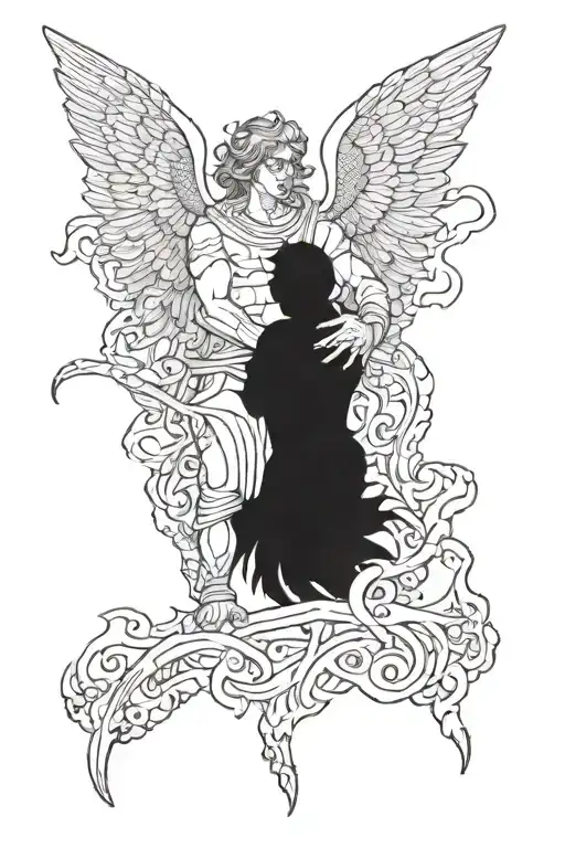 A Guardian Angel Battling A Demon In A Blackwork Style