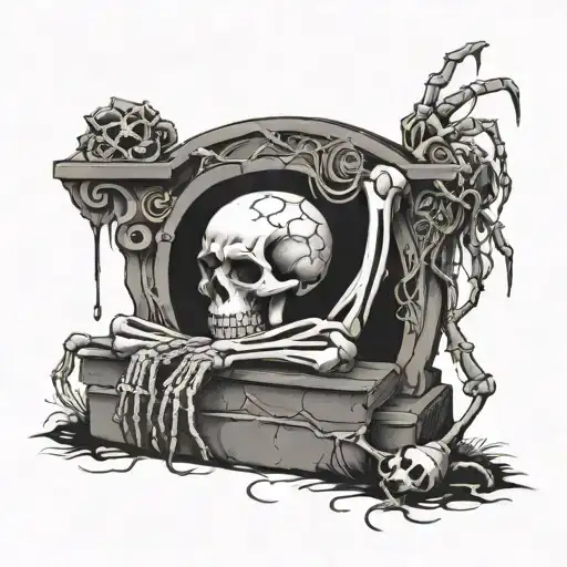 Skeleton Hugging A Gravestone Covered With Spiders