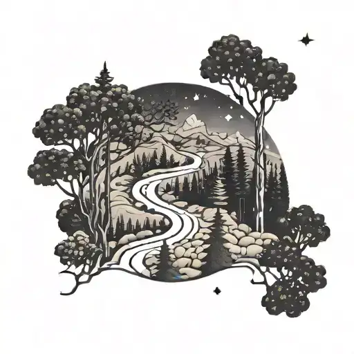 A Blackwork Tattoo Of A Hiking Trail Winding Through A Forest With Constellations Overhead