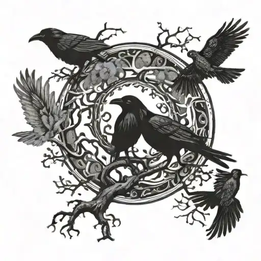 Yggdrasil Tree Intertwined Earth Globe Ravens Huginn And Muninn