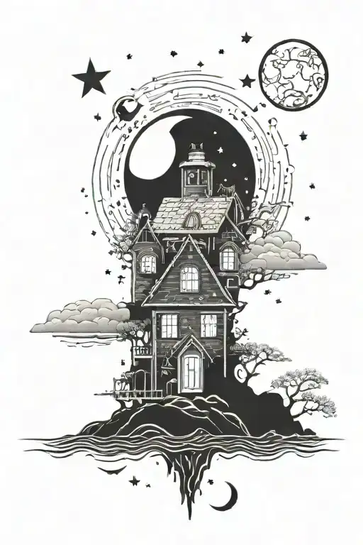 House By The Sea With Stars And Moon