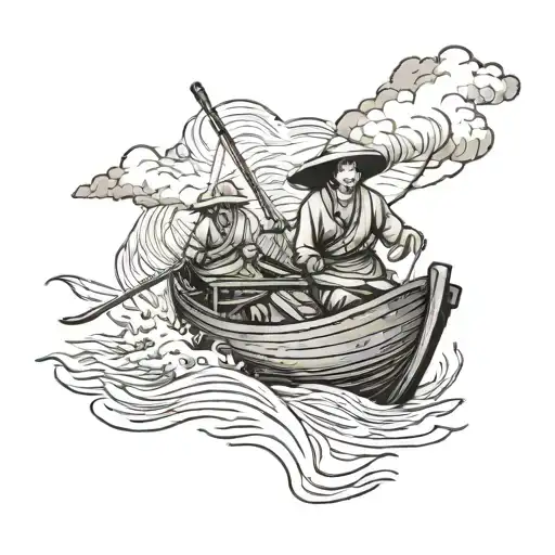 Vietnamese Going Down A River In A Boat And A Thunderstorm