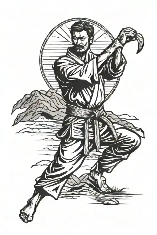 Karate Master Stabding With Hands On Belt On A Hill With The Sun Behind Him