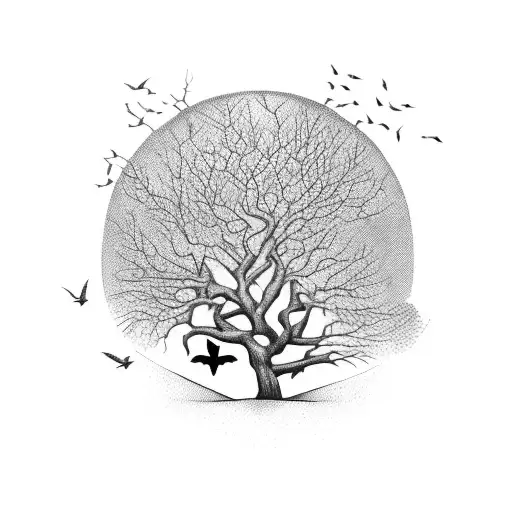 Decrepid Tree With Birds And An Old Barn