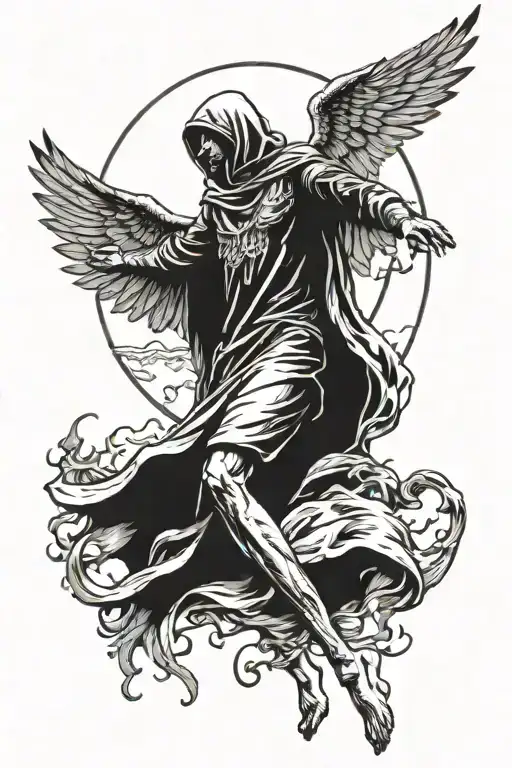 Dying Man Is Lifted Towards Large Bright Sun By Hooded Angel With Large Wings