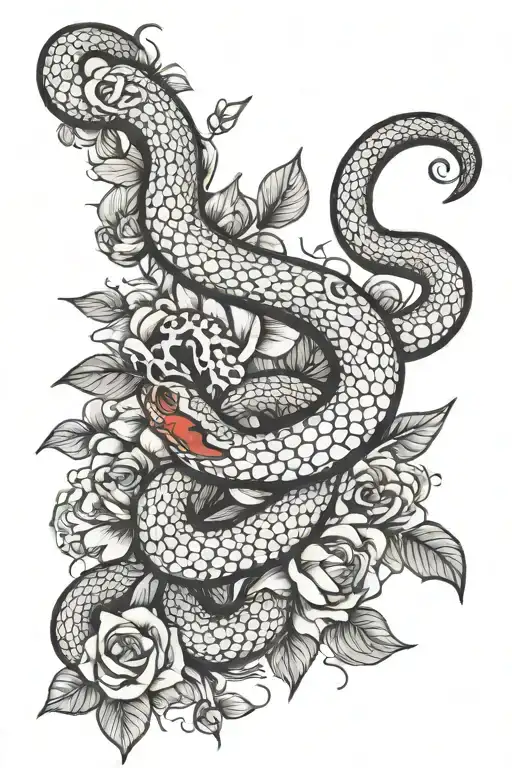 Red Snake With Black Flowers With Eyes In Some Flowers
