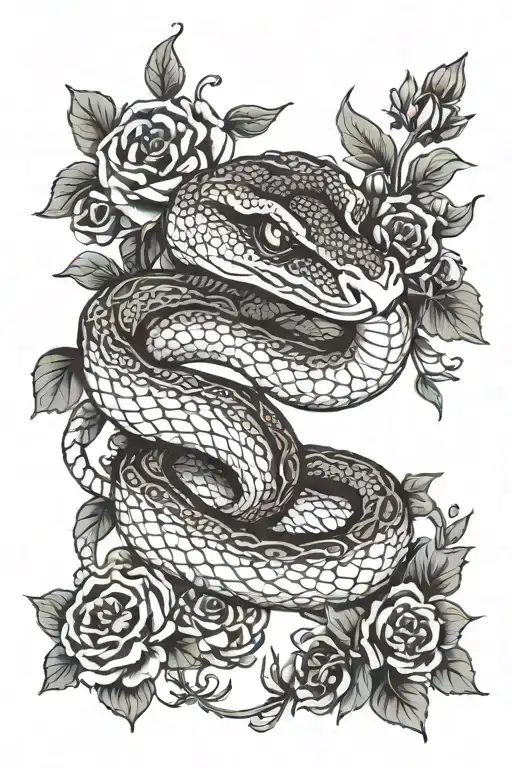 Red Snake With Black Flowers With Eyes In Some Flowers