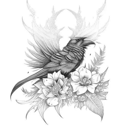 Morrigan With Raven And Flowers