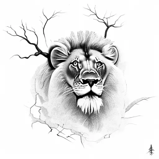 Lion Head With Tree Roots Coming From Bottom Of Mane