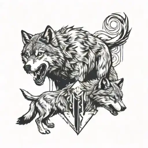 Aggressive Wolf Protecting Two Wolf Cubs