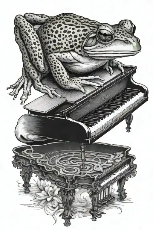 A Realistic Blackwork Tattoo Of A Frog Playing A Grand Piano Tattoo