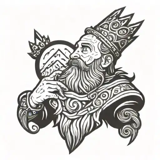 Dwarf With Beard And Crown With Mountains In The Background