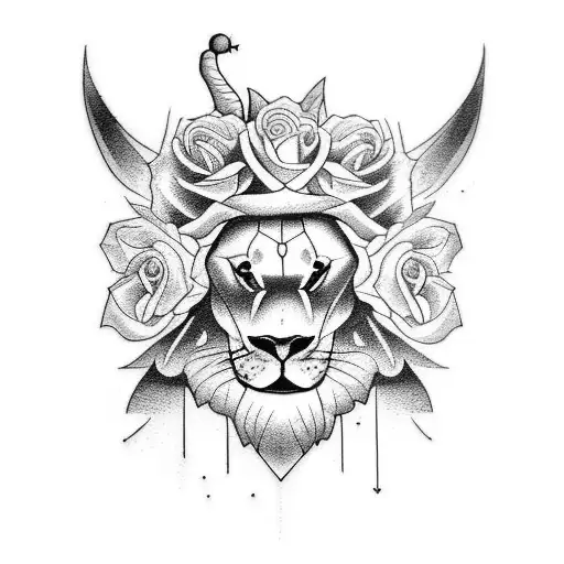 Tattoo In Calf For Men With Rose And Words And Big Lion With Shadow And Map