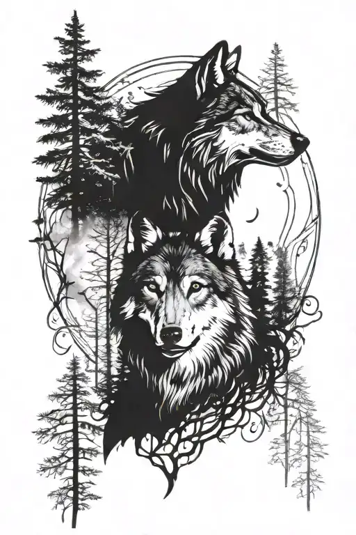 Wolf With Blue Eyes And Indian In The Forest With Moon