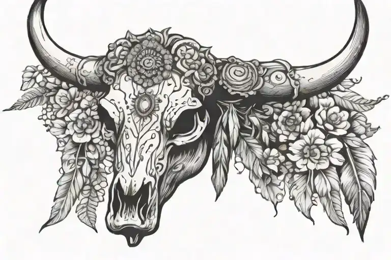 Western Floral Patterns With Cow Skull And Indian Headdress