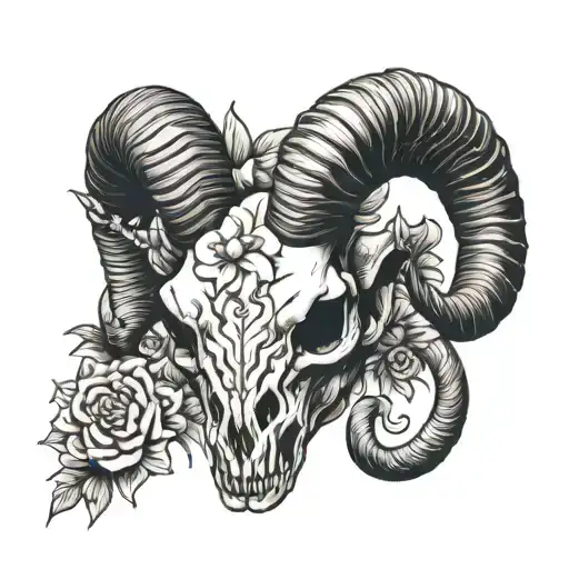Ram Skull With Edelweiss Flower Intertwined