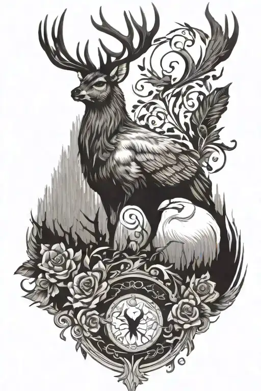 Tattoo For The Calf A Big Deer With The Raven Munin And Huguin Black And White Male